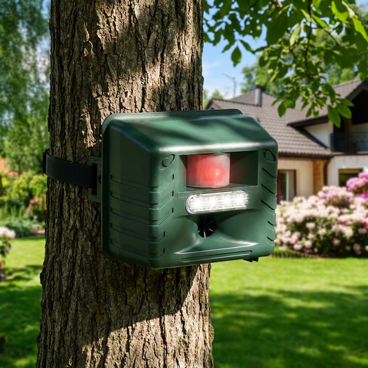 Woodpecker ultrasonic repeller mounted on a tree trunk in a backyard garden