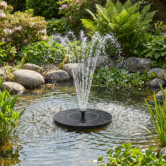 Solar-powered water fountain running in a garden pond setting
