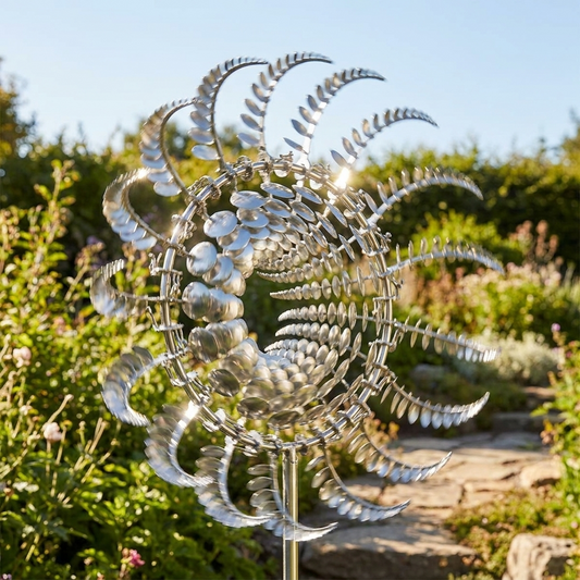 Kinetic metal wind spinner spinning in a garden on a sunny day