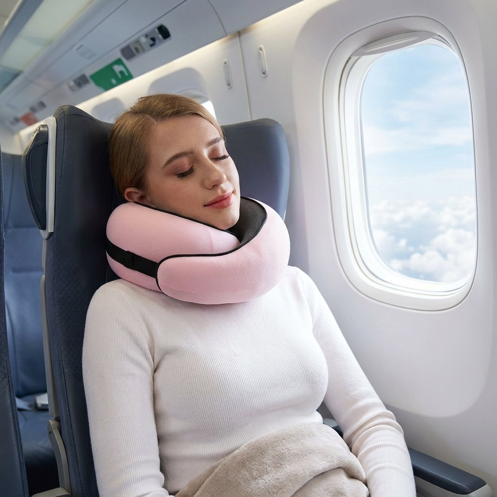 Person wearing a travel neck pillow relaxing at an airport