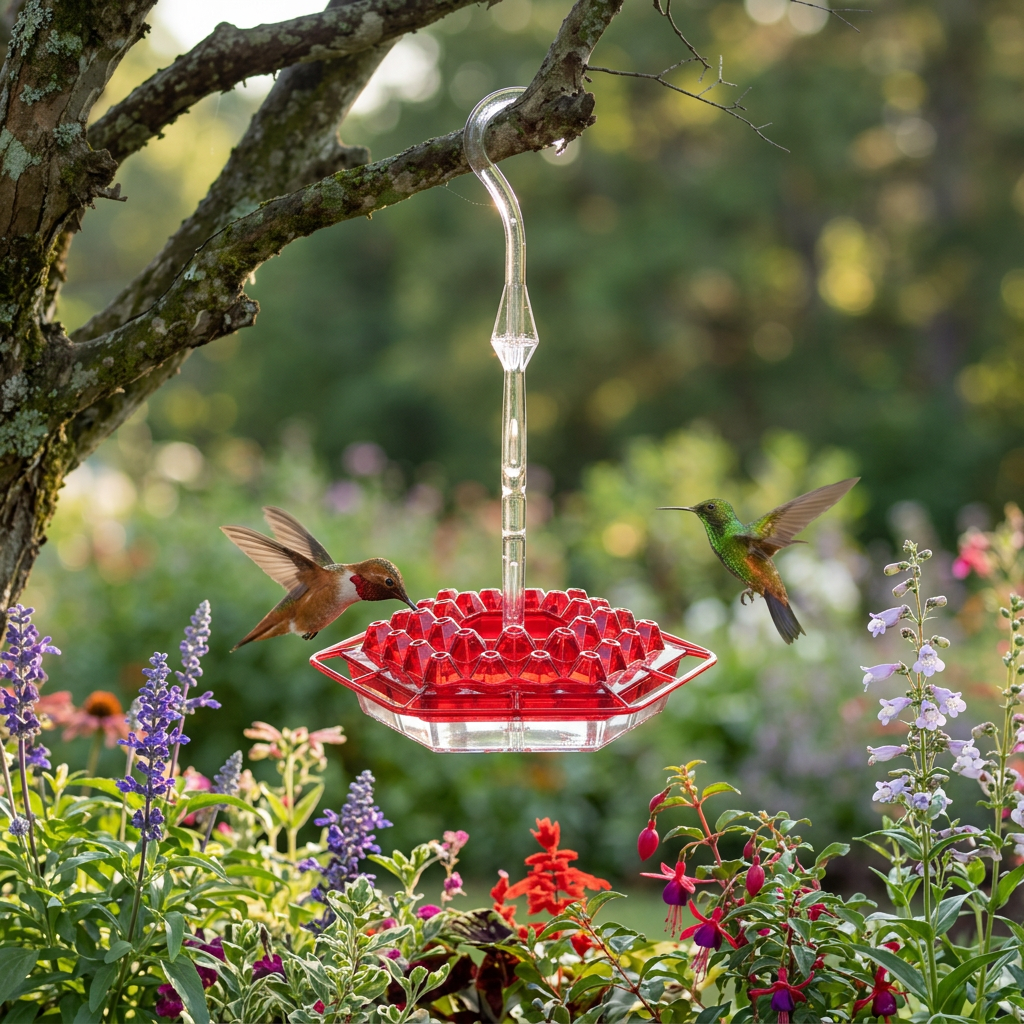 Ant proof hummingbird feeder hanging outdoors with a hummingbird nearby
