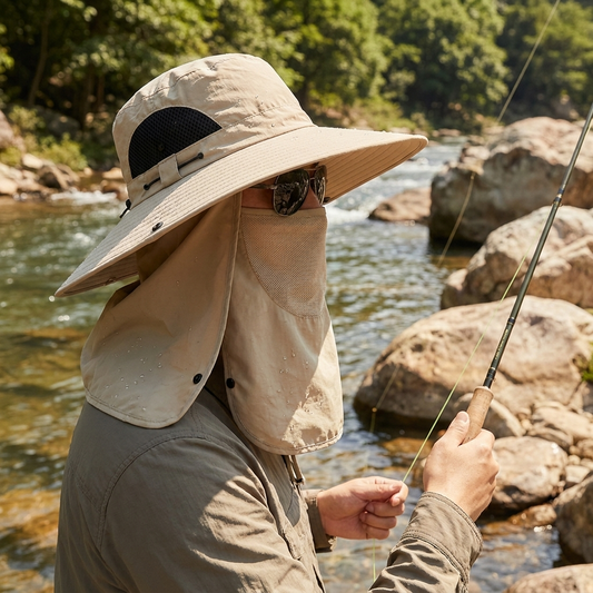 Person wearing a wide brim sun protection fishing hat outdoors
