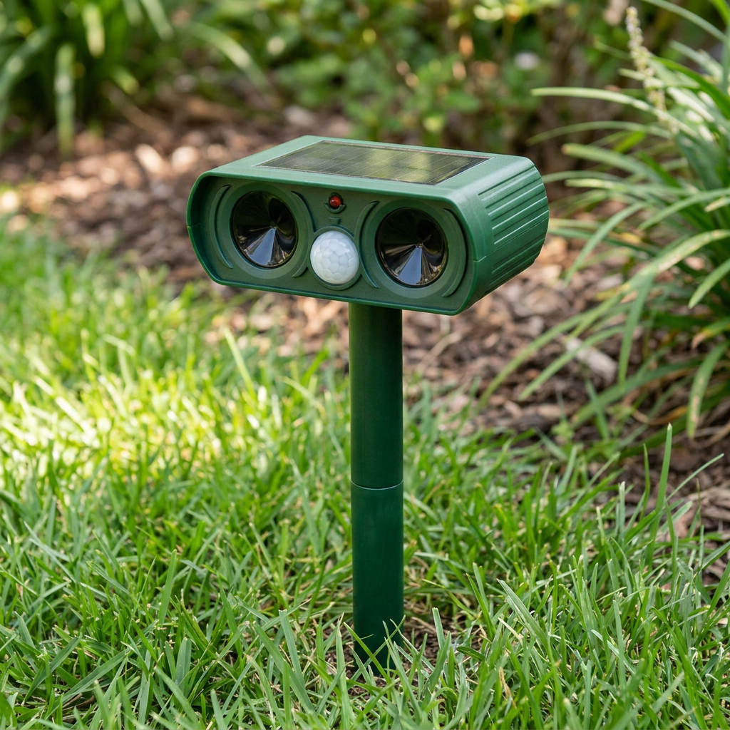 Solar-powered ultrasonic animal repellent staked in a backyard garden lawn