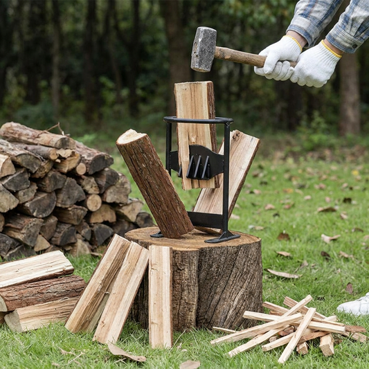 Firewood splitter in use splitting a log outdoors near a woodpile