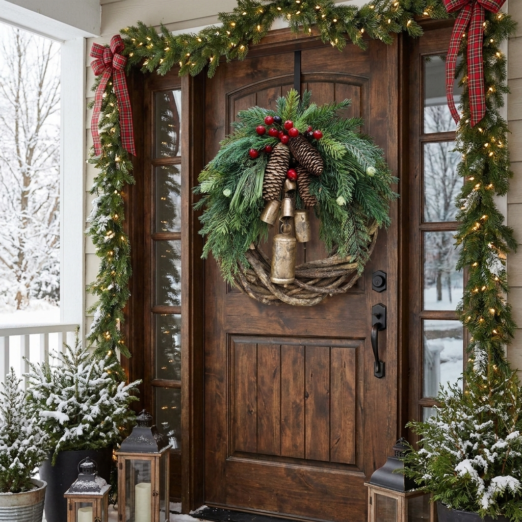 Farmhouse Christmas wreath hanging on a front door