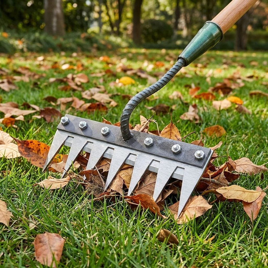 Versatile handle rake being used to rake leaves on a lawn