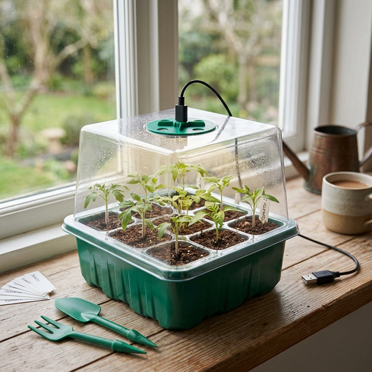 Nursery pot with grow light growing seedlings on a windowsill