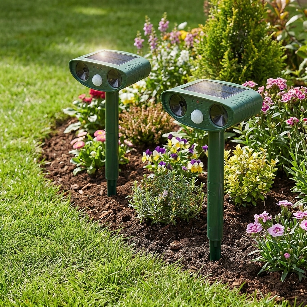Ultrasonic chipmunk repeller staked in a garden bed
