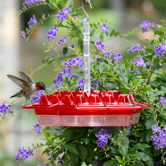 Hummingbird feeder with built-in ant moat hanging outdoors
