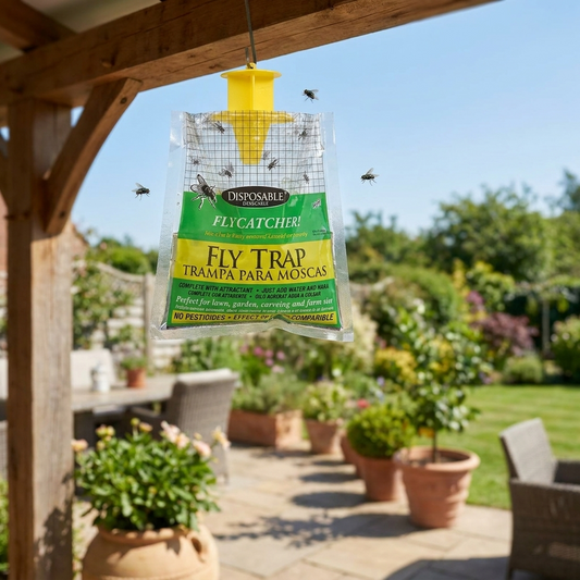Eco disposable outdoor fly trap hanging on a patio