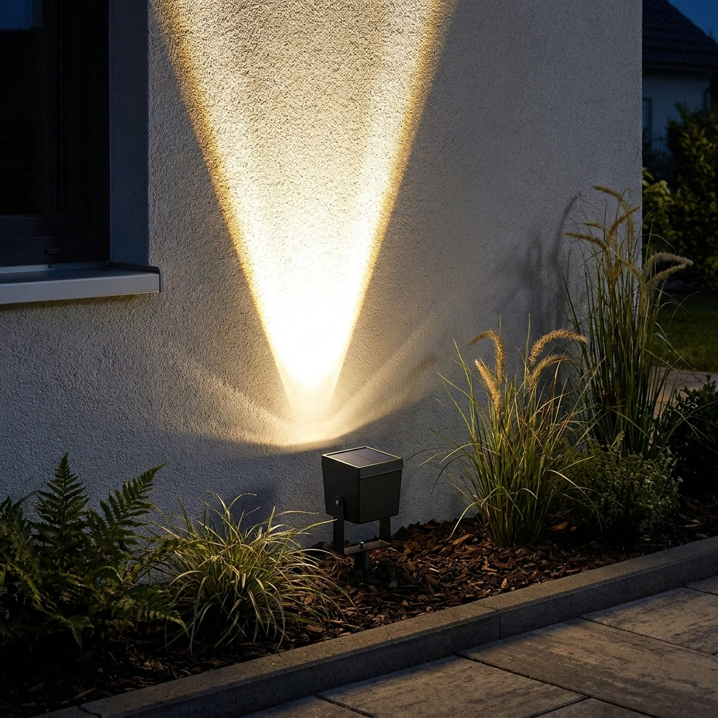 Solar LED multi-zoom spot light illuminating a garden exterior at night