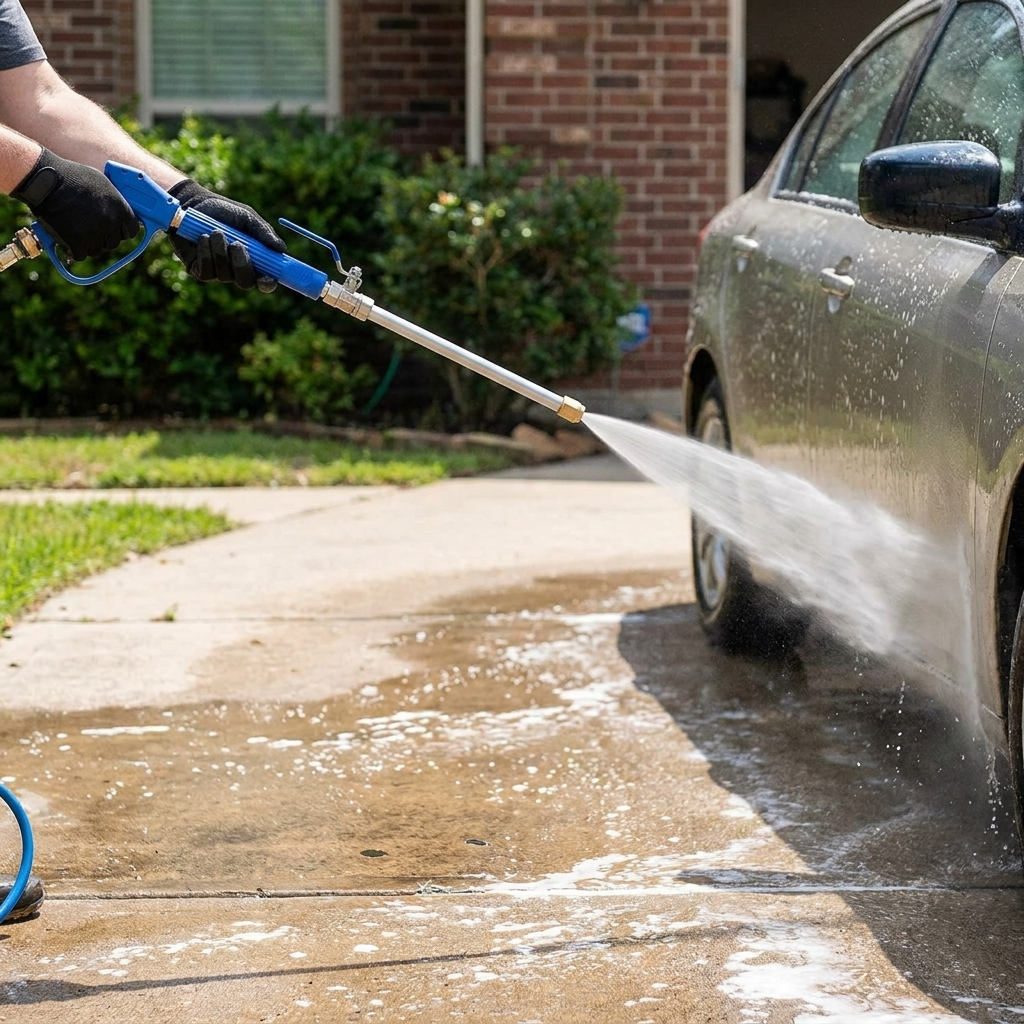 2-in-1 high-pressure cleaner washing a driveway outdoors