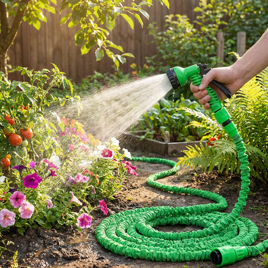 Expandable garden water hose watering a garden