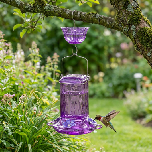 Glass hummingbird feeder hanging outdoors with a hummingbird nearby