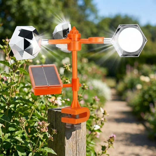 360 degree reflective solar powered bird repeller mounted in a garden