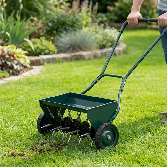 Manual lawn spike soil aerator being used to aerate a lawn outdoors