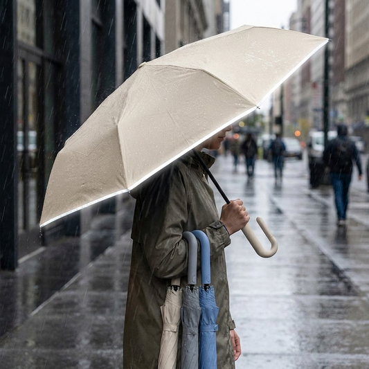 Person holding a stormproof umbrella outdoors in windy rainy weather