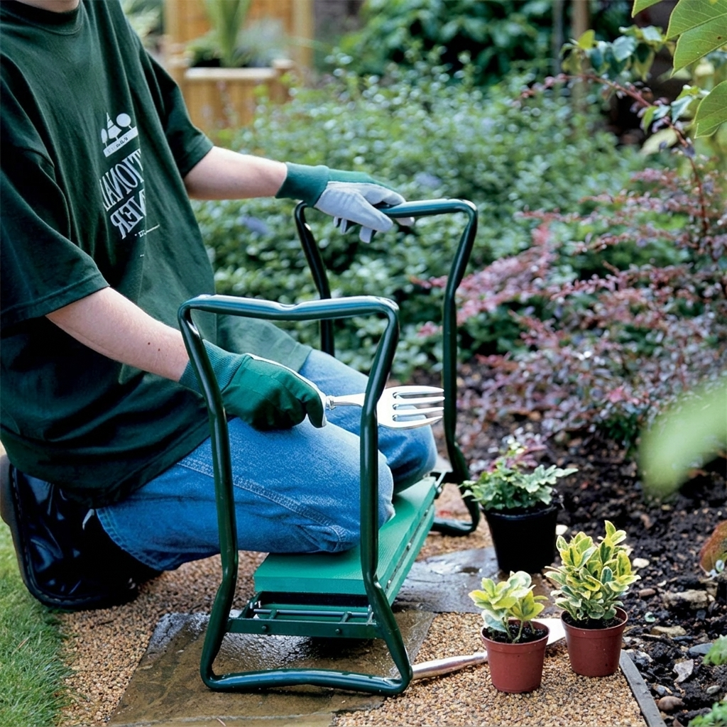Person kneeling on an ergonomic garden kneeler and seat while gardening