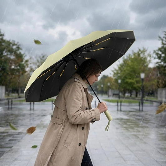 Person holding an eco-friendly windproof umbrella outdoors on a windy day