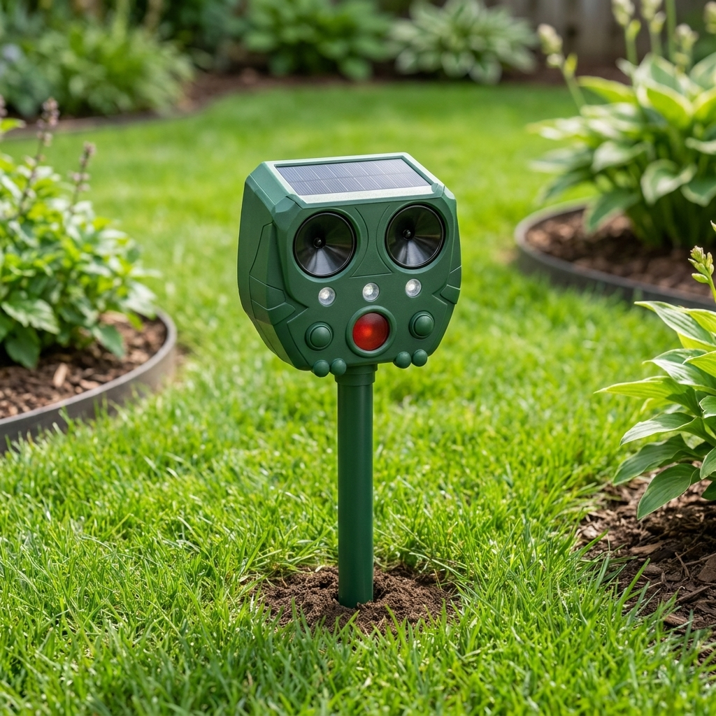 Ultrasonic solar snake repeller staked in a backyard garden lawn
