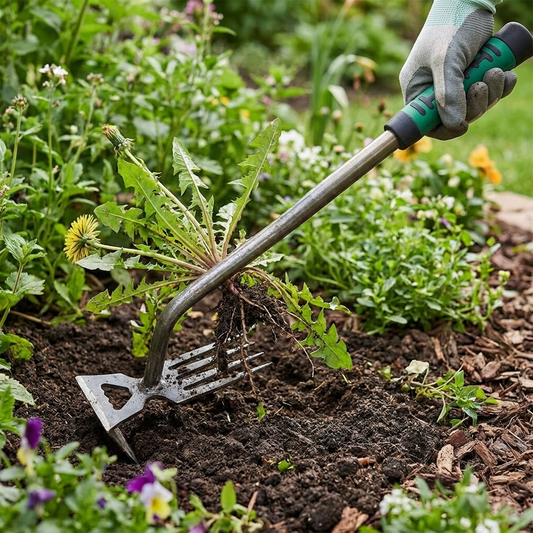 Heavy-duty weed puller tool removing a weed from a garden bed