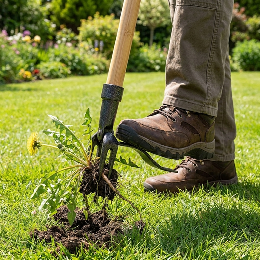 Person standing and using a stand up weed puller on a lawn