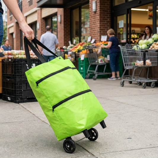 Person pulling a foldable shopping bag with wheels outside a grocery store