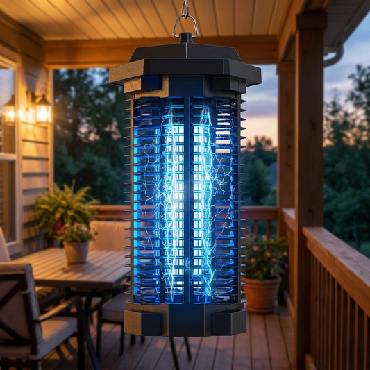 Electric bug zapper light hanging on a porch at dusk