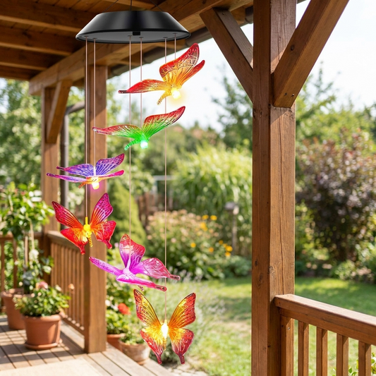 Solar wind chimes hanging outdoors on a porch