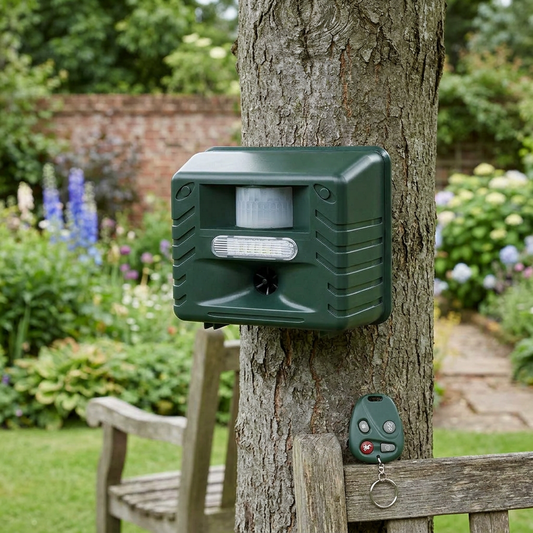 Woodpecker ultrasonic repeller mounted on a tree trunk