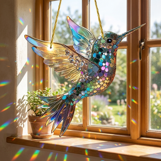 Hummingbird suncatcher hanging in a sunlit window