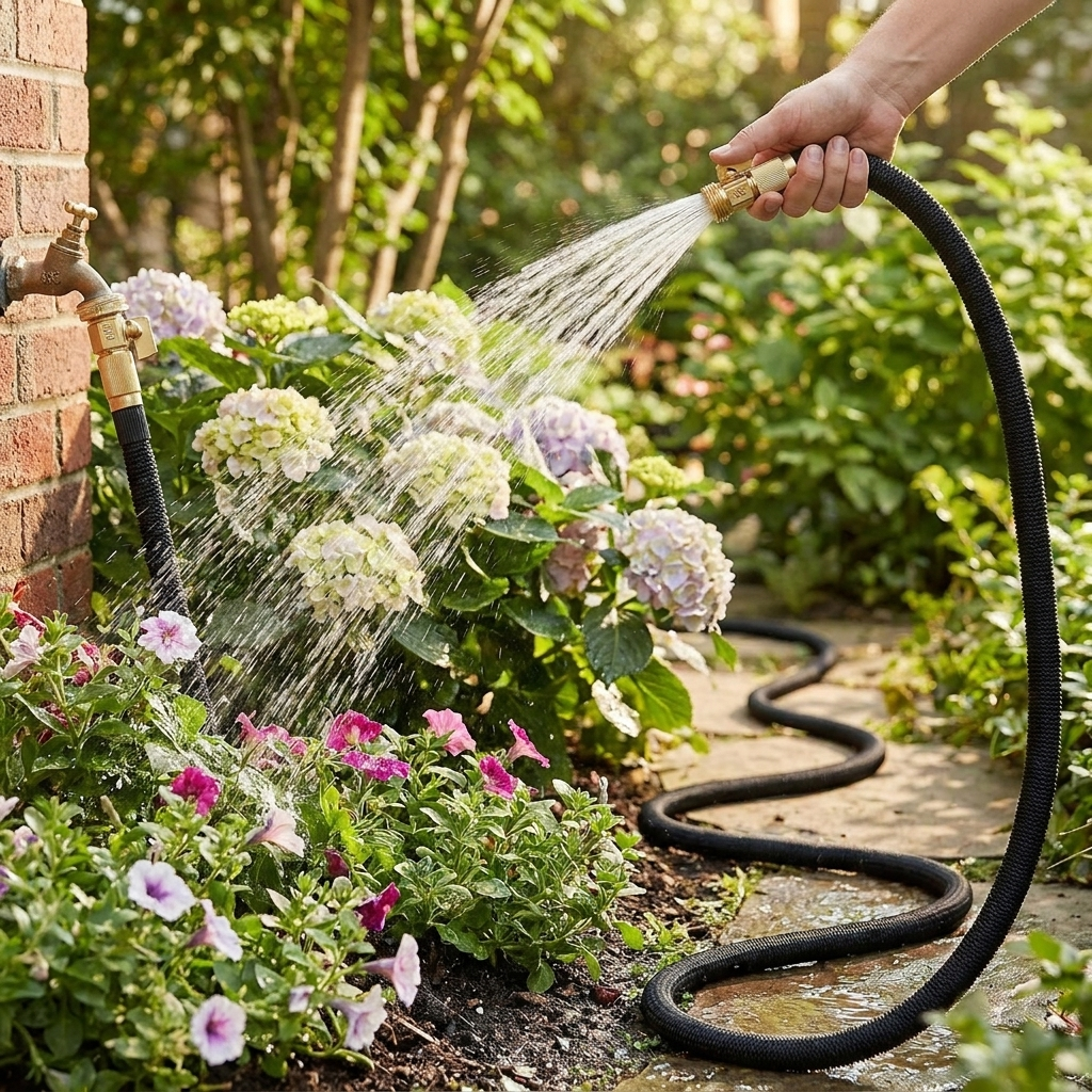 Expandable garden hose watering a garden
