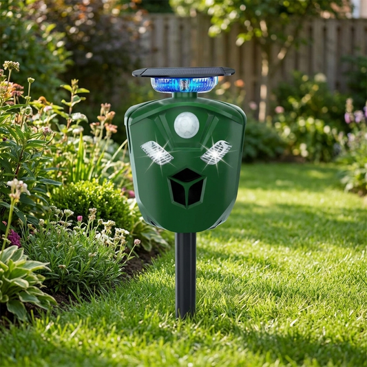 360 degree solar ultrasonic animal repeller staked in a backyard garden lawn