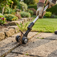 Adjustable weed puller tool removing a weed from garden crevices