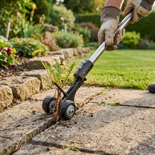 Adjustable weed puller tool removing a weed from garden crevices