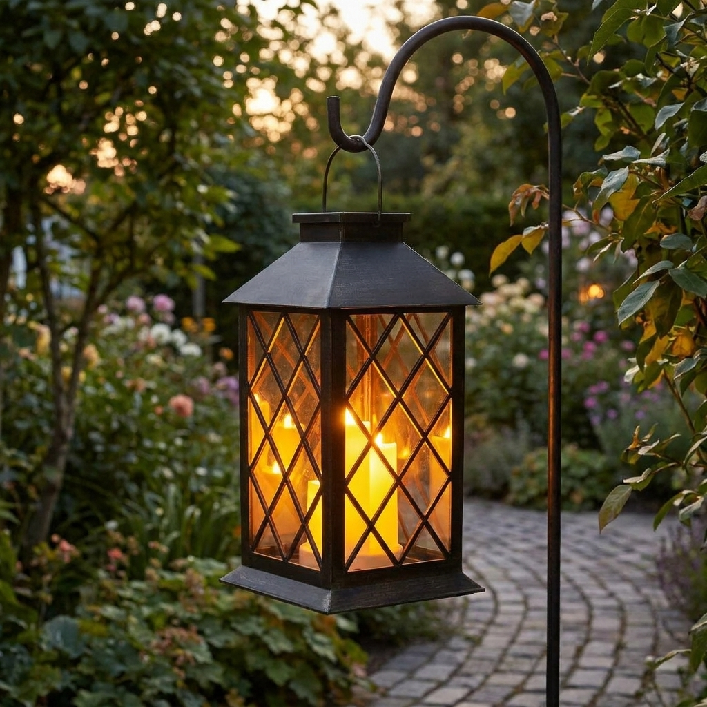 All weather garden hanging lantern hanging outdoors at dusk