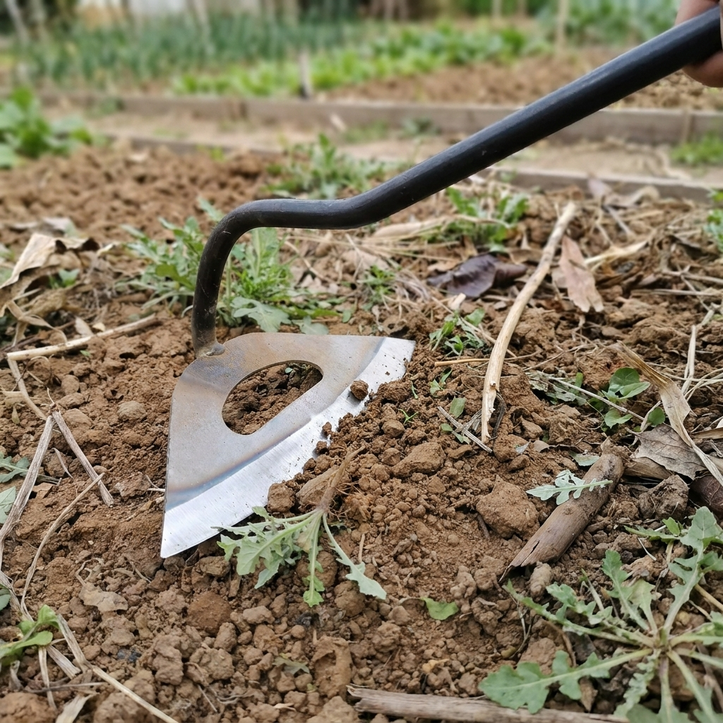 All steel hollow hoe hoeing soil in a garden