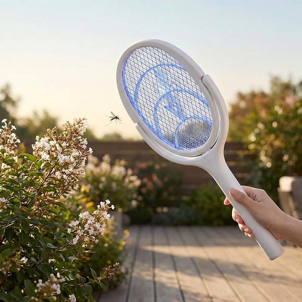 Person swatting a bug outdoors with a fast charging bug zapper racket