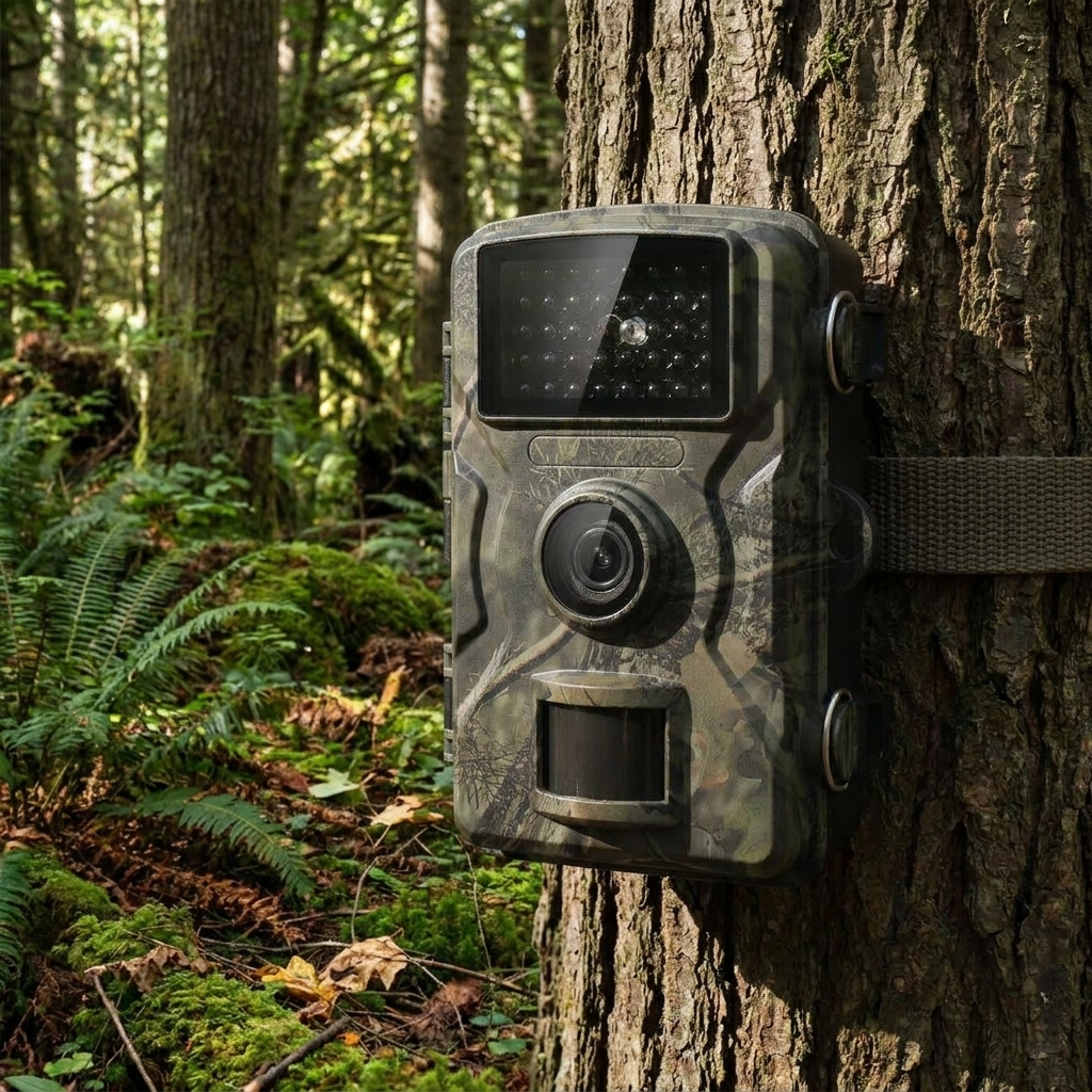 1080P night vision trail camera mounted on a tree trunk in a forest