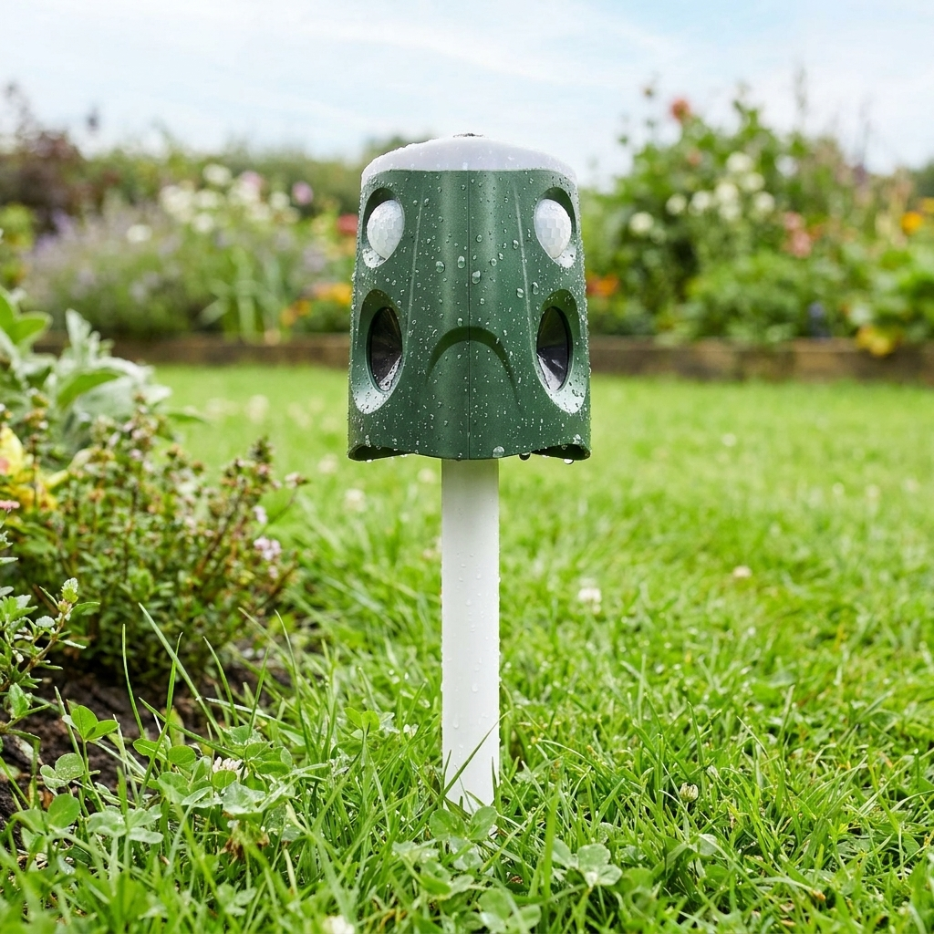360 degree animal repellent deterrent staked in a backyard garden lawn