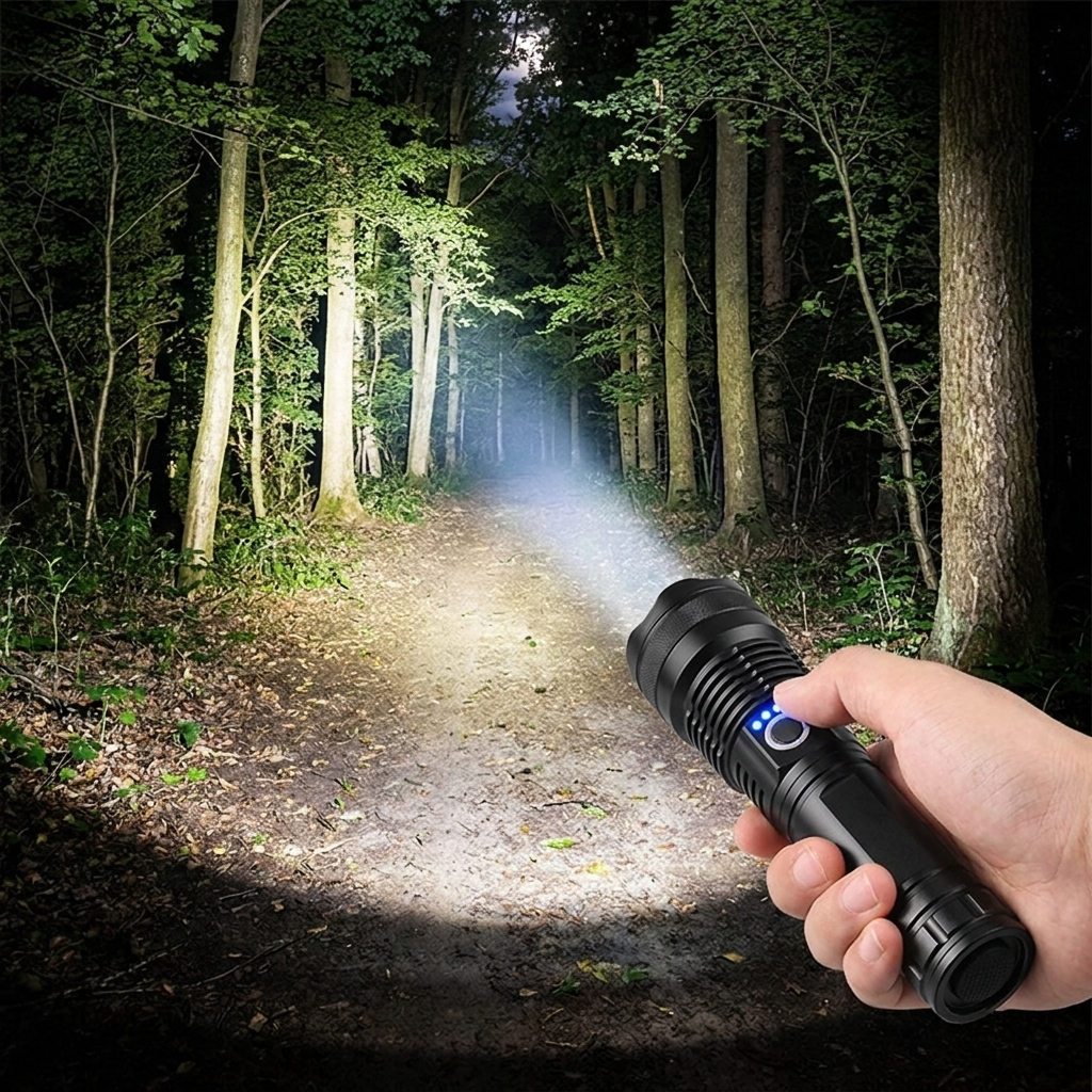 Person illuminating a dark outdoor path with a high lumen rechargeable flashlight