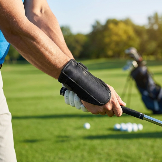 Person wearing a golf wrist brace band while practicing their golf swing outdoors