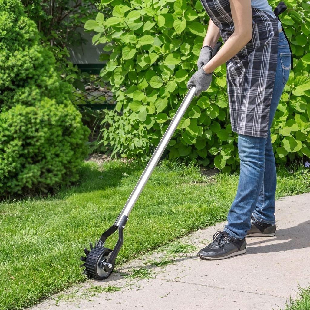 Lawn edger trimming the edge of a lawn along a sidewalk