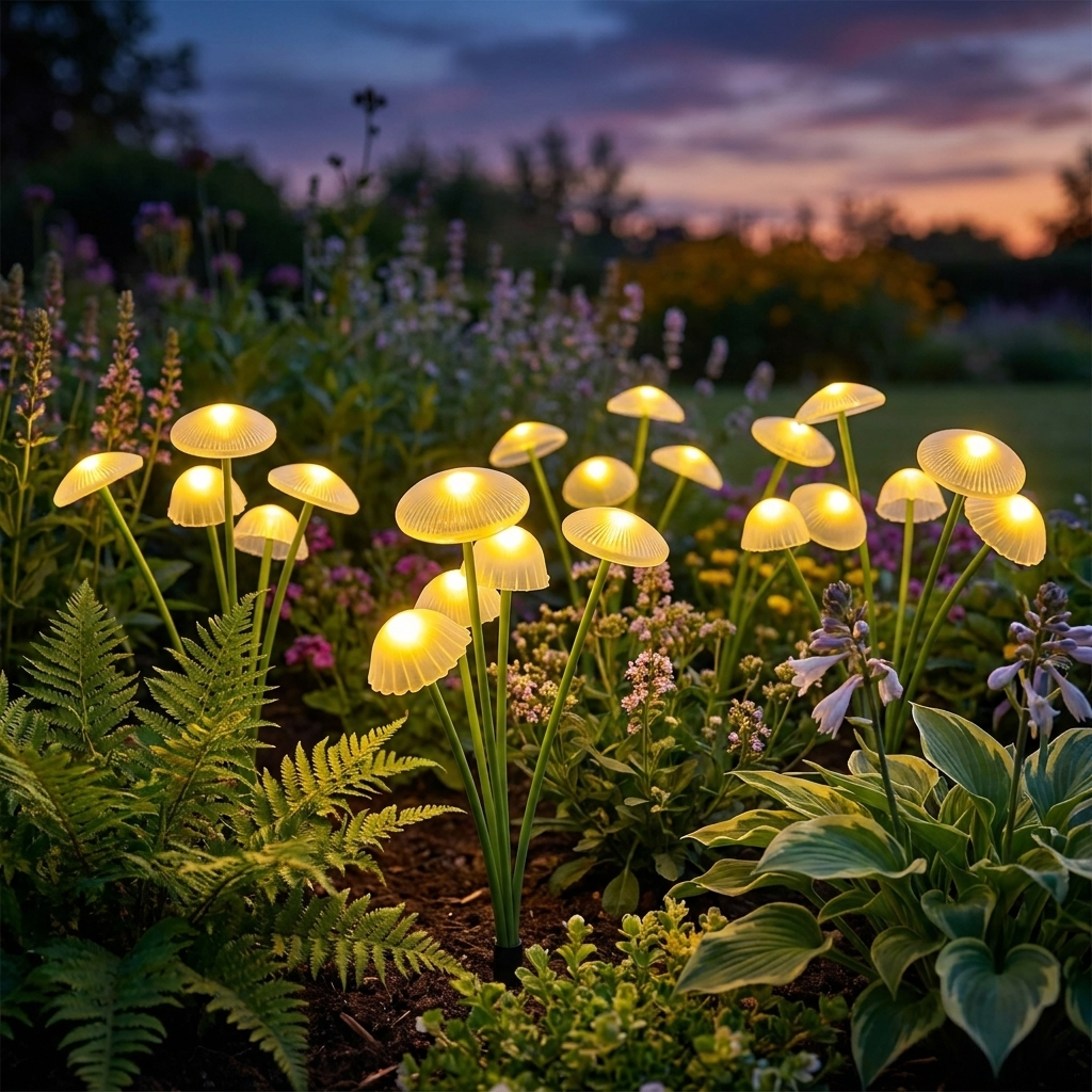 Solar swaying mushroom garden decor light displayed in a garden bed at dusk