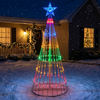 Multicolor LED animated outdoor Christmas tree lightshow displayed on a house lawn at night