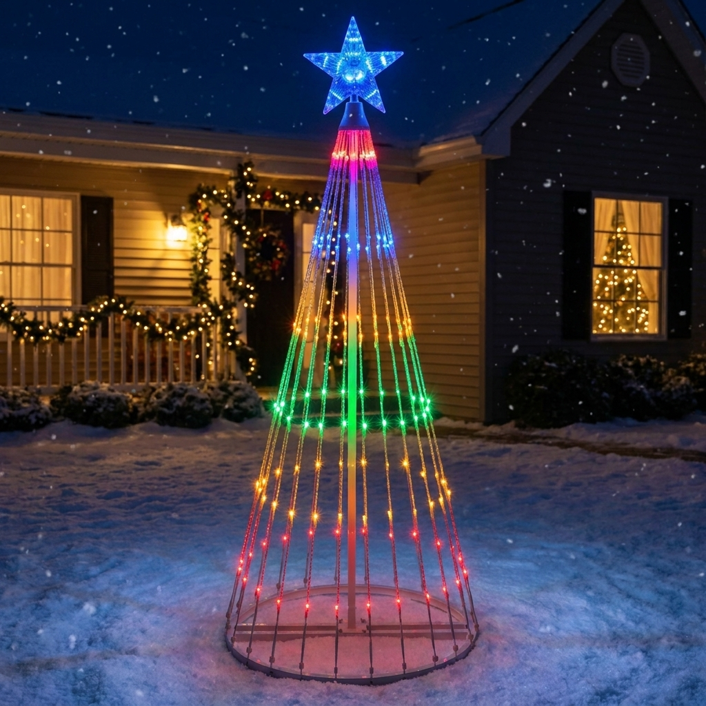 Multicolor LED animated outdoor Christmas tree lightshow displayed on a house lawn at night