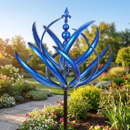 Metal wind spinner spinning in a garden on a sunny day