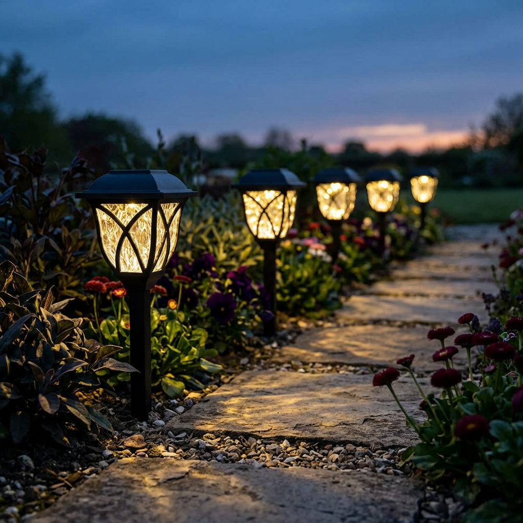 LED solar pathway garden lights lining a garden pathway at dusk