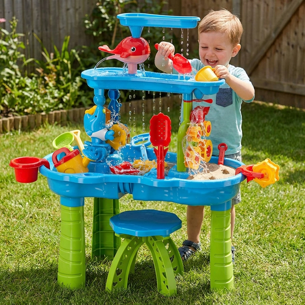 Child playing at a 3-in-1 outdoor sand and water table in a backyard