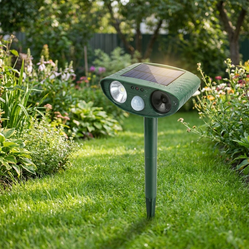 Solar-powered ultrasonic animal repellent staked in a backyard garden lawn